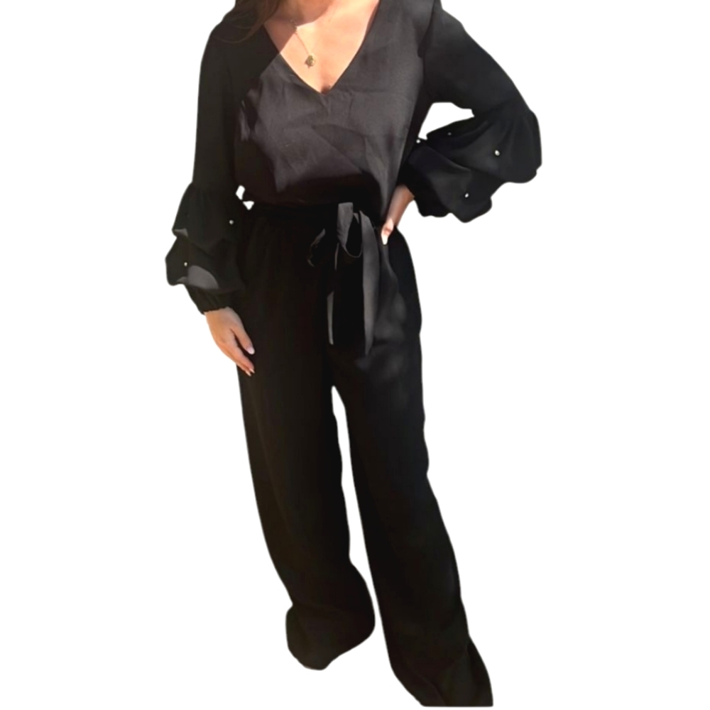 STUDIO Bagdley Mischka Black V Neck 3/4 Ruffle Tiered Rhinestone Sleeve Jumpsuit